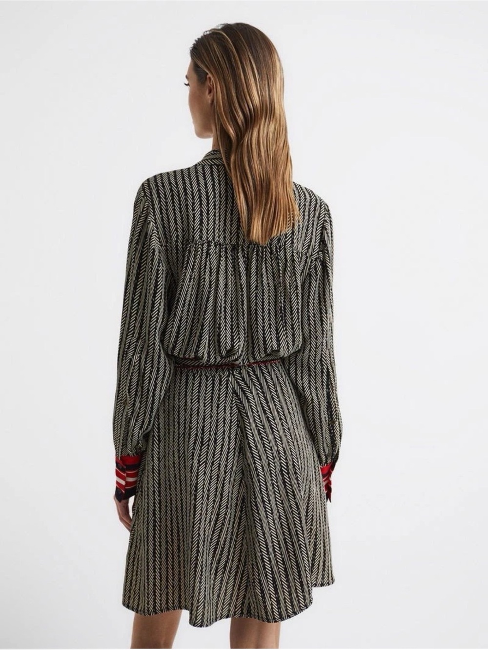 Reiss Robyn Contrasting Stripe Cuff Printed Mini Dress Red Black pussybow - Picture 4 of 8